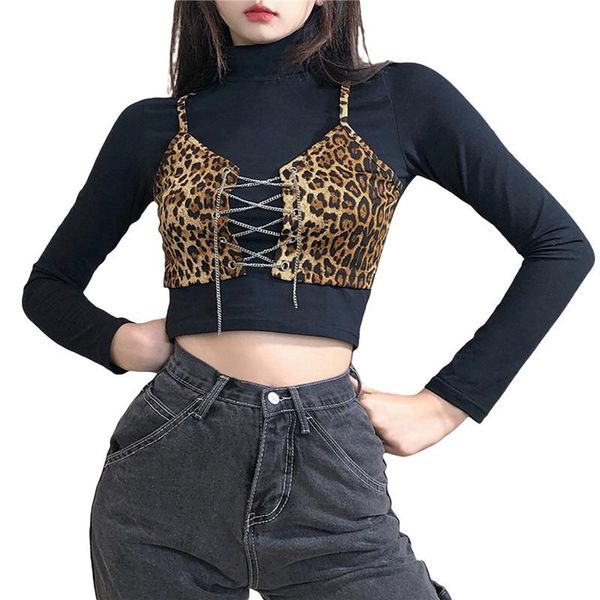 women's t-shirt xingqing long sleeve high neck leopard print fake two-piece and open navel for vacation travelling, White
women's t-shirt xingqing long sleeve high neck leopard print fake two-piece and open navel for vacation travelling, White