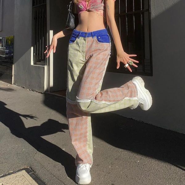 women's jeans women high waist straight casual pants fashion personalized stitching color contrast checkered rough, Blue
women's jeans women high waist straight casual pants fashion personalized stitching color contrast checkered rough, Blue