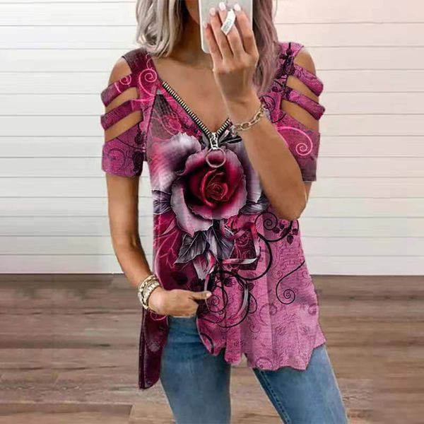 women's t-shirt blouse zipper loose ham summer fasion rose print cutout short-sleeved v-neck camisetas de mujer, White
women's t-shirt blouse zipper loose ham summer fasion rose print cutout short-sleeved v-neck camisetas de mujer, White