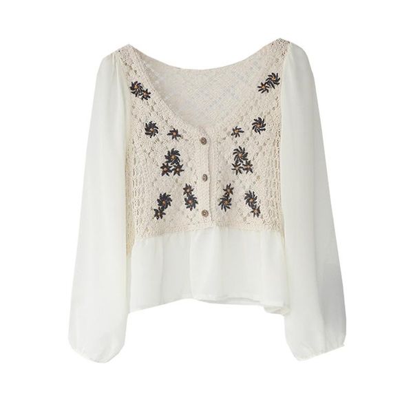 women's t-shirt spring and summer shirt retro v-neck single breasted daisy embroidery splicing chiffon sleeve top, White
women's t-shirt spring and summer shirt retro v-neck single breasted daisy embroidery splicing chiffon sleeve top, White