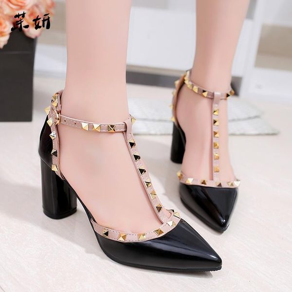 dress shoes women's 2021 summer thick with pumps buckle hollow rivets pointed high-heeled patent leather sandals, Black
dress shoes women's 2021 summer thick with pumps buckle hollow rivets pointed high-heeled patent leather sandals, Black