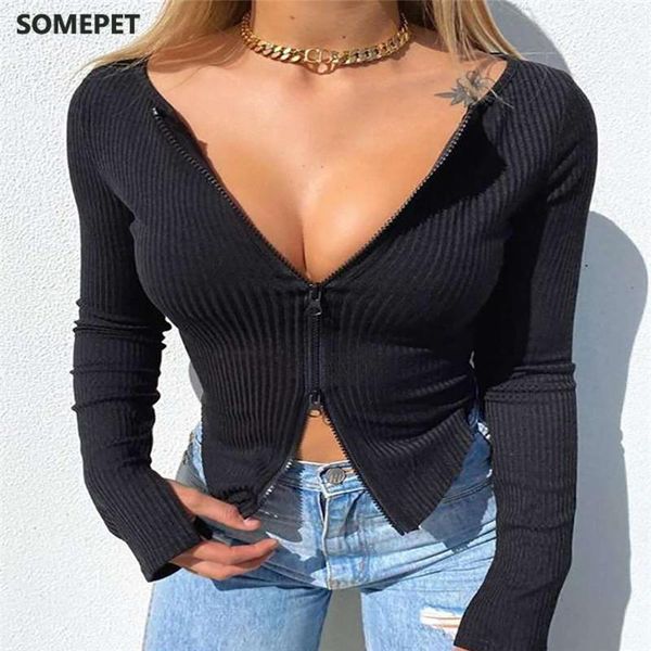 women's t-shirt women front zipper ribbed crop autumn solid color zip long sleeve v neck tight knitwear t shirts, White
women's t-shirt women front zipper ribbed crop autumn solid color zip long sleeve v neck tight knitwear t shirts, White
