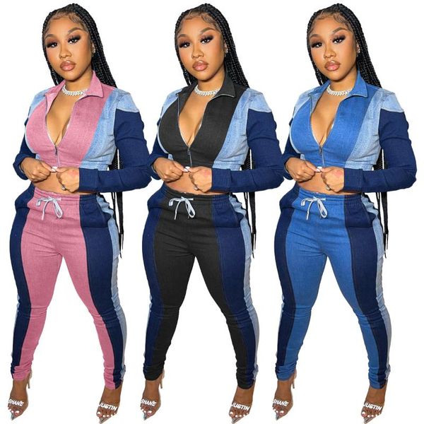 women's two piece pants positioning printed two-piece imitation denim suit with exposed navel fashion for autumn, White
women's two piece pants positioning printed two-piece imitation denim suit with exposed navel fashion for autumn, White