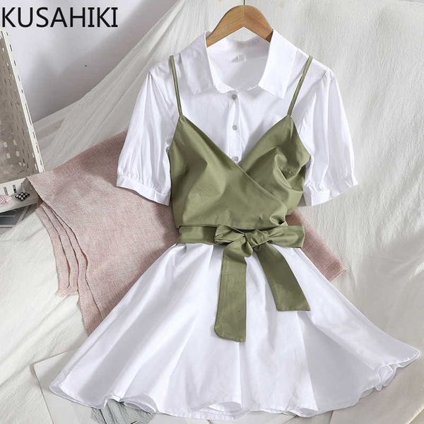 kusahiki summer puff short sleeve blouse dress single breasted turn-down collar dresses + cross bandage bowknot vest sets 6h245 210602, Black;gray 
kusahiki summer puff short sleeve blouse dress single breasted turn-down collar dresses + cross bandage bowknot vest sets 6h245 210602, Black;gray