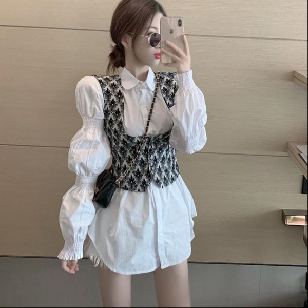 two pieces set korea chic turn down collar puff long sleeve white long shirt single breasted vest sweet suit women
two pieces set korea chic turn down collar puff long sleeve white long shirt single breasted vest sweet suit women