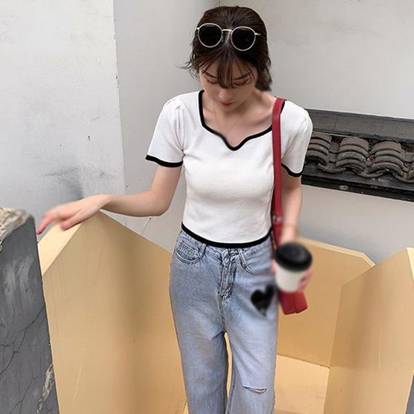 women's t-shirt summer sweet square collar casual slim solid color temperament knitted short sleeve, White
women's t-shirt summer sweet square collar casual slim solid color temperament knitted short sleeve, White