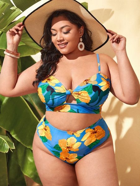 plus floral print knot bust bikini swimsuit d3br#, Black 
plus floral print knot bust bikini swimsuit d3br#, Black