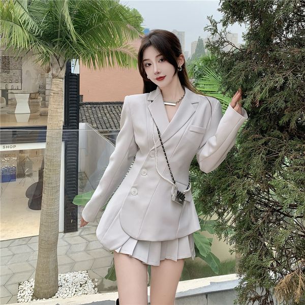 suit coat women's early autumn irregular waist grey suit medium and long design sense of minority temperament top, Black;gray 
suit coat women's early autumn irregular waist grey suit medium and long design sense of minority temperament top, Black;gray