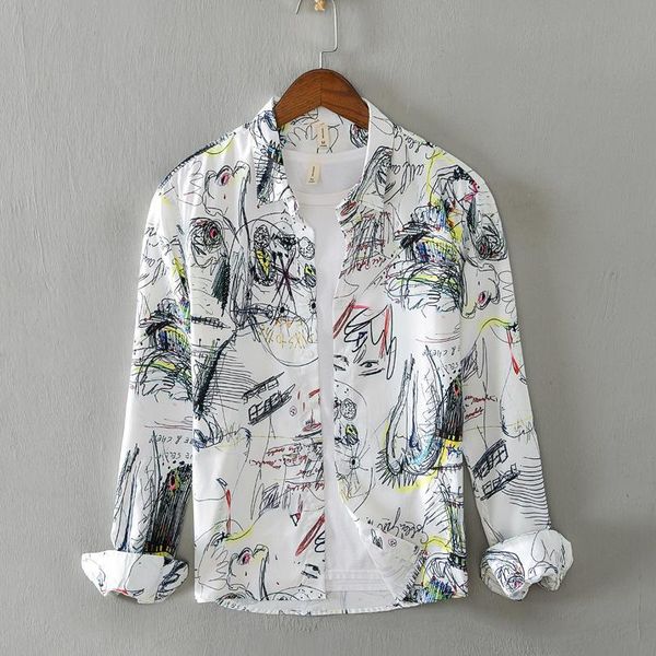 men's casual shirts men spring fall fashion graffiti print long sleeve lapel slim fit hip hop streetwear male, White;black
men's casual shirts men spring fall fashion graffiti print long sleeve lapel slim fit hip hop streetwear male, White;black