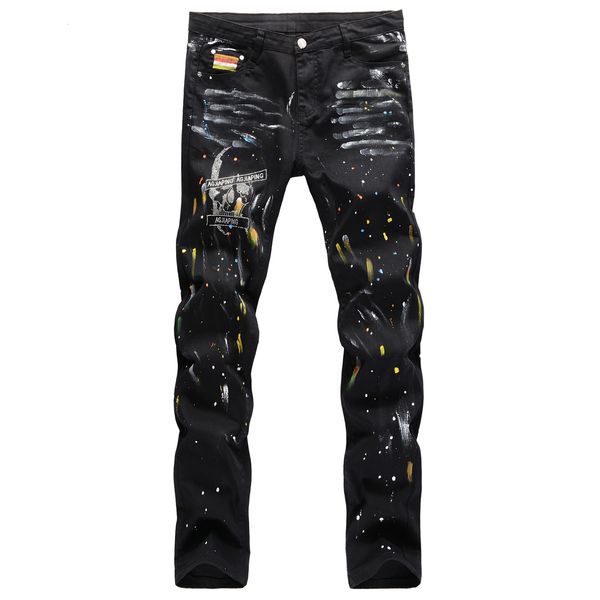 

2021 new trousers european american street hip-hop style hand-painted cat whiskers splash ink color paint skull straight jeans pants byir, Blue