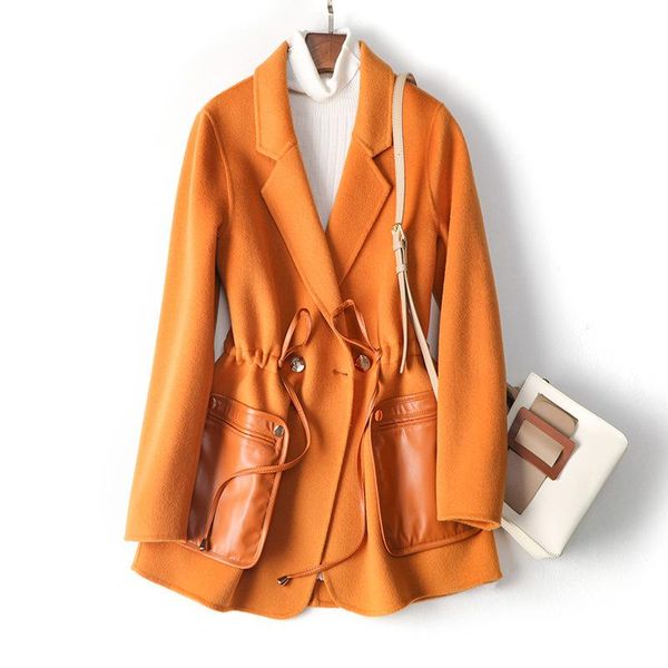 women's wool & blends double sided cashmere coat short 2021 double-sided leather pocket patchwork hepburn tweed, Black
women's wool & blends double sided cashmere coat short 2021 double-sided leather pocket patchwork hepburn tweed, Black