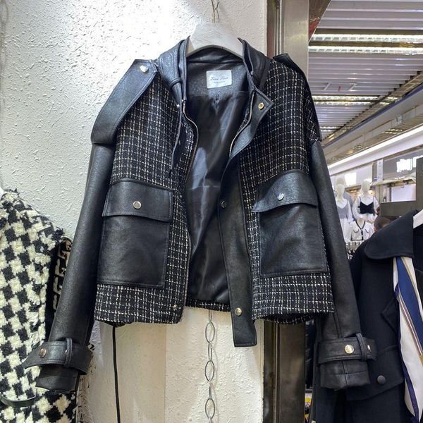 women's leather & faux wild xiao xiangfeng was thin tweed stitching pu handsome korean coat motorcycle jacket female tide, Black
women's leather & faux wild xiao xiangfeng was thin tweed stitching pu handsome korean coat motorcycle jacket female tide, Black
