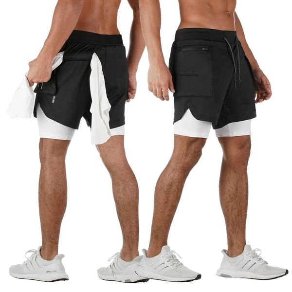 men's double-layers sports shorts, sweat absorption quick drying drawstring waist short pants with side pockets, White;black
men's double-layers sports shorts, sweat absorption quick drying drawstring waist short pants with side pockets, White;black