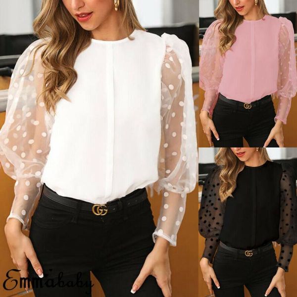 women fashion polka dot sheer see-through long puff sleeve patchwork blouse ladies elegant formal solid color o neck shirts, White
women fashion polka dot sheer see-through long puff sleeve patchwork blouse ladies elegant formal solid color o neck shirts, White