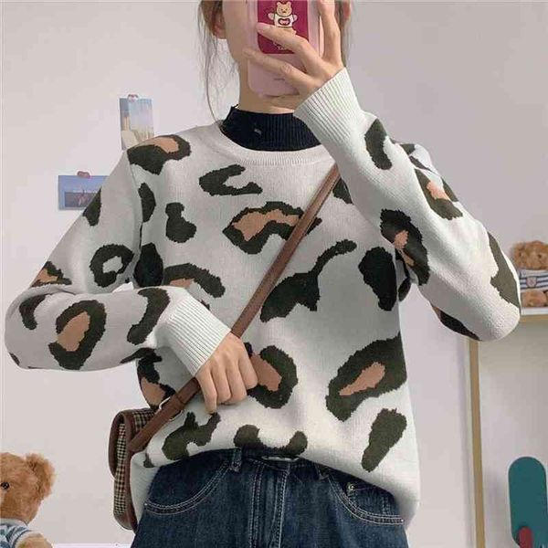 woman sweaters pullover leopard print fall winter outer wear pullover crew neck casual inner coat femme chandails, White;black 
woman sweaters pullover leopard print fall winter outer wear pullover crew neck casual inner coat femme chandails, White;black