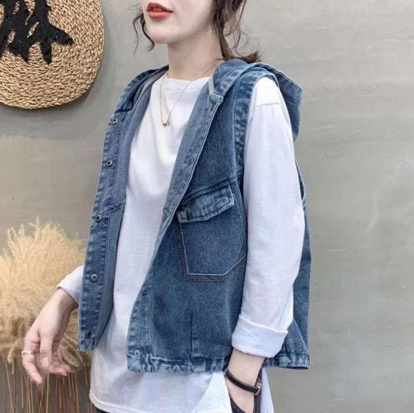 women's vests spring denim women literary solid color washed bleached loose pockets hooded patchwork female wild, Black;white
women's vests spring denim women literary solid color washed bleached loose pockets hooded patchwork female wild, Black;white