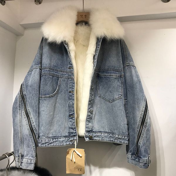 winter thick warm natural fox collar rabbit fur lined denim coat women back zipper jeans jacket loose outwear female 7ap5, Black;brown
winter thick warm natural fox collar rabbit fur lined denim coat women back zipper jeans jacket loose outwear female 7ap5, Black;brown
