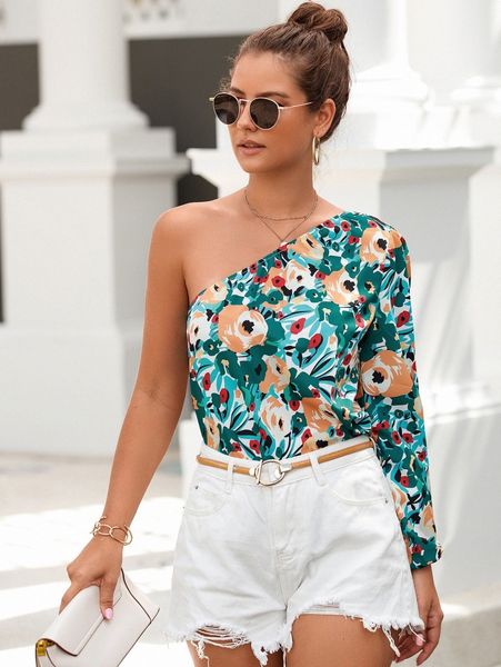 allover floral print one shoulder lantern sleeve blouse f2oc#, White