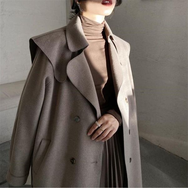 women's trench coats 2021 autumn and winter korean fashion temperament design sense loose casual mid-length woolen coat jacket women, Tan;black
women's trench coats 2021 autumn and winter korean fashion temperament design sense loose casual mid-length woolen coat jacket women, Tan;black