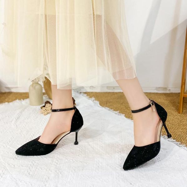 dress shoes ladies high heels fashion silver wedding stiletto 2021, Black
