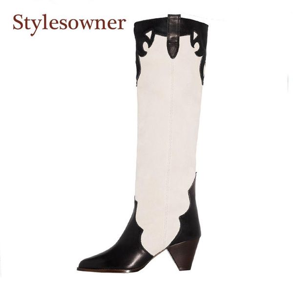 boots black and white color matching leather thick heel short barrel cowboy pointed toe solid high knight 
boots black and white color matching leather thick heel short barrel cowboy pointed toe solid high knight