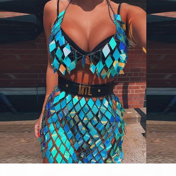 bling sequins two 2 piece sets halter metal chain crop chic mini skirt summer party clubwear rave festival outfits, White
bling sequins two 2 piece sets halter metal chain crop chic mini skirt summer party clubwear rave festival outfits, White