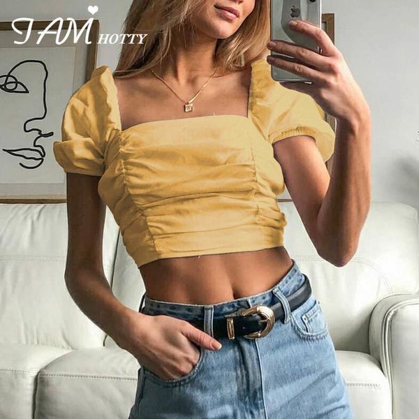 women's t-shirt ruched backless bandage crop women elegant puff short sleeve t-shirts french style casual solid basic shirt iamty, White
women's t-shirt ruched backless bandage crop women elegant puff short sleeve t-shirts french style casual solid basic shirt iamty, White