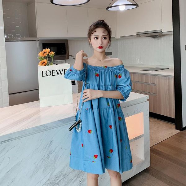 maternity dresses fashion strawberry embroidery summer pregnant women cotton dress short sleeve shoulderless denim princess, White
maternity dresses fashion strawberry embroidery summer pregnant women cotton dress short sleeve shoulderless denim princess, White