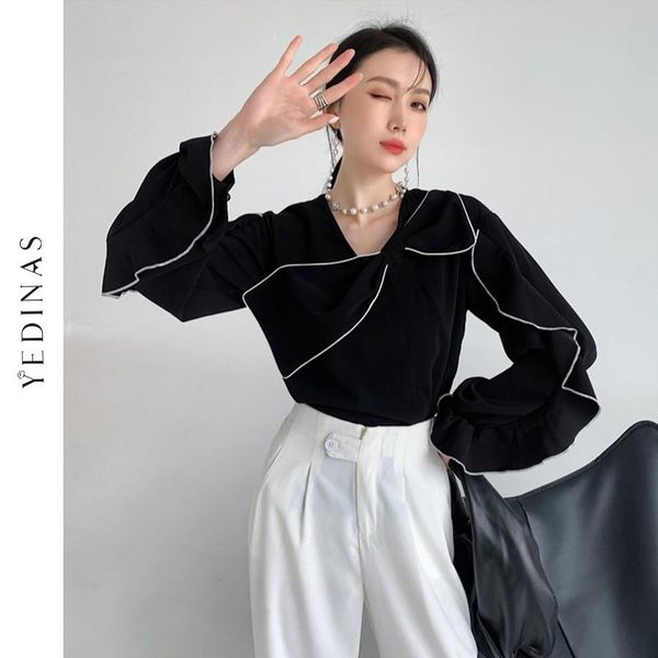 women's blouses & shirts yedinas designer black ruffle bow korean blouse women long sleeve ladies spring contrast stitch loose fashion, White
women's blouses & shirts yedinas designer black ruffle bow korean blouse women long sleeve ladies spring contrast stitch loose fashion, White