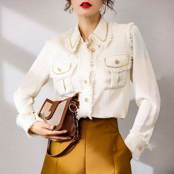 2021 spring long-sleeved silk shirt 034128 gold thread woven temperament simple wind pocket lapel top, White
2021 spring long-sleeved silk shirt 034128 gold thread woven temperament simple wind pocket lapel top, White