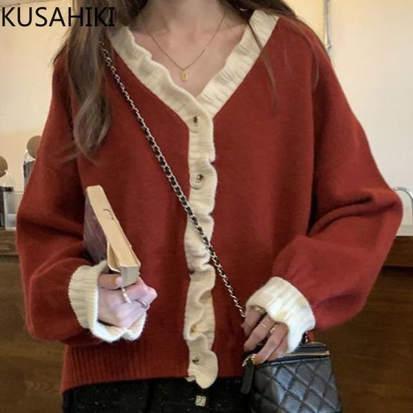 women's knits & tees kusahiki 2021 autumn winter v-neck knitted cardigan ruffle hit color women sweater coat causal long sleeve puff fe, White
women's knits & tees kusahiki 2021 autumn winter v-neck knitted cardigan ruffle hit color women sweater coat causal long sleeve puff fe, White