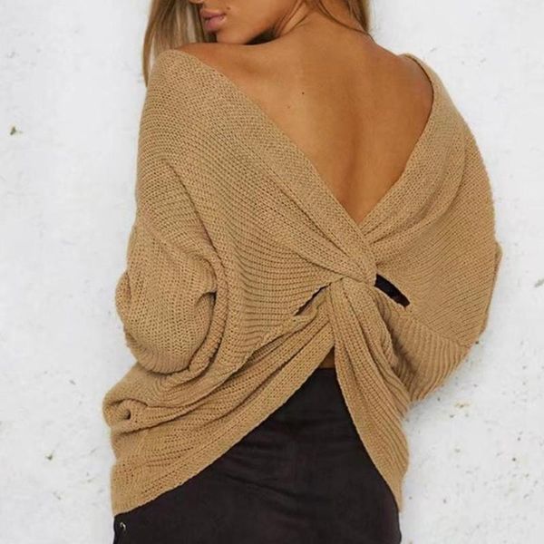 women's sweaters twisted knotted backless decor v neck sweater women pullover khaki grey wine red white solid color slim knit jumper, White;black
women's sweaters twisted knotted backless decor v neck sweater women pullover khaki grey wine red white solid color slim knit jumper, White;black