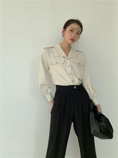 new spring 2021 fashion women long sleeve up shirt gold button collar pockets ladies designer and blouses fte1, White 
new spring 2021 fashion women long sleeve up shirt gold button collar pockets ladies designer and blouses fte1, White
