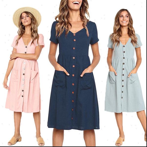 red blue a line casual dresses women summer dress 2020 vintage short sleeve dress for ladies buttons v neck midi vestidos female, Black;gray
red blue a line casual dresses women summer dress 2020 vintage short sleeve dress for ladies buttons v neck midi vestidos female, Black;gray