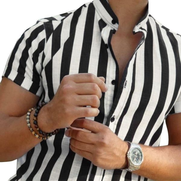 men's casual shirts 2021 summer men short-sleeved shirt fashion stripe printing stand collar loose male single breasted clothes, White;black
men's casual shirts 2021 summer men short-sleeved shirt fashion stripe printing stand collar loose male single breasted clothes, White;black