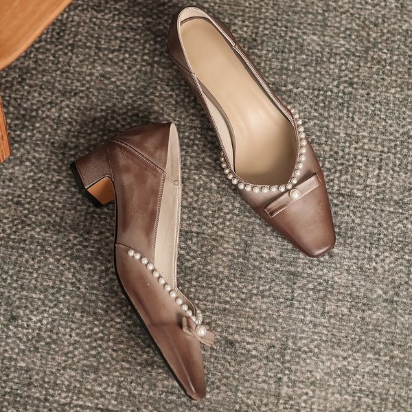 Womens genuine leather thick high heel poitned toe slip-on pumps med hee lcomfortable beading bowtie korean style retro shoes, Beige
Womens genuine leather thick high heel poitned toe slip-on pumps med hee lcomfortable beading bowtie korean style retro shoes, Beige