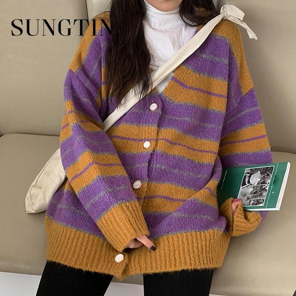 sungtin korea striped knitted cardigan women vintage oversized cozy loose color block sweater coat elegant casual jumpers jacket, White
sungtin korea striped knitted cardigan women vintage oversized cozy loose color block sweater coat elegant casual jumpers jacket, White