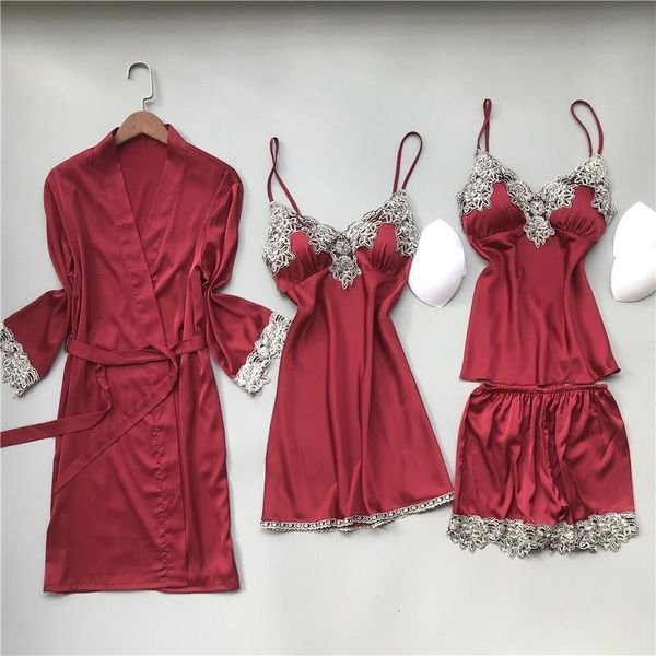 4 pieces women pajamas sets satin sleepwear silk nightwear pyjama spaghetti strap sleep lounge pijama with chest soft pads, Black;red
4 pieces women pajamas sets satin sleepwear silk nightwear pyjama spaghetti strap sleep lounge pijama with chest soft pads, Black;red