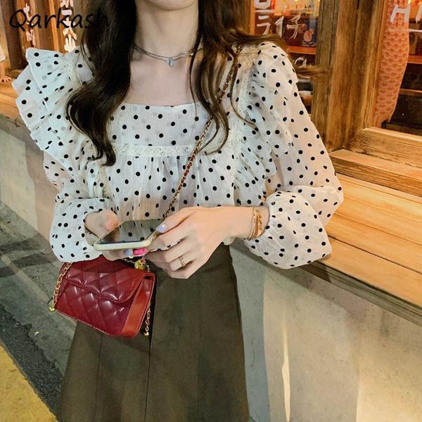 women's blouses & shirts women polka dot square collar simple female elegant clothing stylish vintage tender basic ulzzang est, White
women's blouses & shirts women polka dot square collar simple female elegant clothing stylish vintage tender basic ulzzang est, White