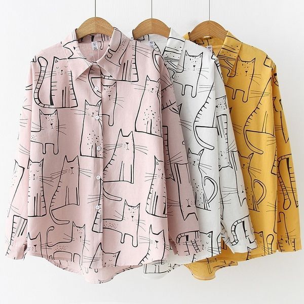 2021 new spring autumn cute cat print loose casual ladies blosues women turn down collar long sleeve shirt blouse femme cotton 5y5x, White 
2021 new spring autumn cute cat print loose casual ladies blosues women turn down collar long sleeve shirt blouse femme cotton 5y5x, White