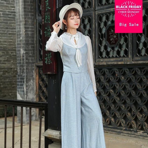 women's tracksuits 2021 spring vintage bow vest solid color v-neck single-breasted was thin loose light blue full length pants l112, Gray
women's tracksuits 2021 spring vintage bow vest solid color v-neck single-breasted was thin loose light blue full length pants l112, Gray