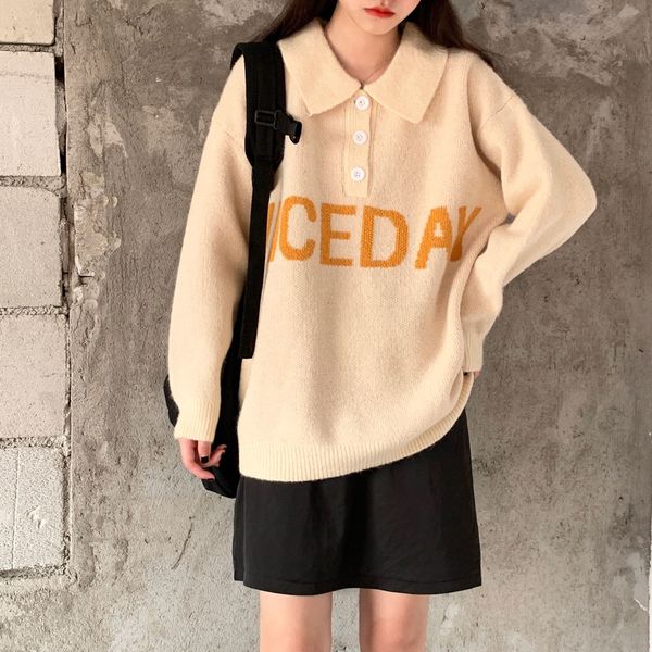 2021 new 0 autumn loose college style letter warm polo knitted long sleeve regular sweater q07k, White;black
2021 new 0 autumn loose college style letter warm polo knitted long sleeve regular sweater q07k, White;black