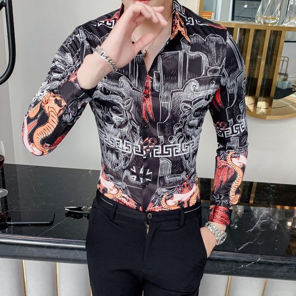 men's casual shirts retro print shirt long sleeve luxury social 2021 brand men clothing slim business dress blouse homme, White;black
men's casual shirts retro print shirt long sleeve luxury social 2021 brand men clothing slim business dress blouse homme, White;black