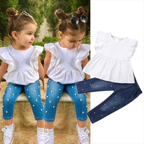 wholesale baby girl clothes kids summer 2pcs cotton ruffle t shirt pearl decoration denim pants children clothing outfits, White
wholesale baby girl clothes kids summer 2pcs cotton ruffle t shirt pearl decoration denim pants children clothing outfits, White