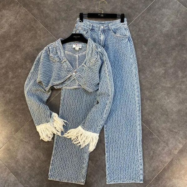 women's two piece pants stitching tassel button denim crop and trousers with turban, White
women's two piece pants stitching tassel button denim crop and trousers with turban, White