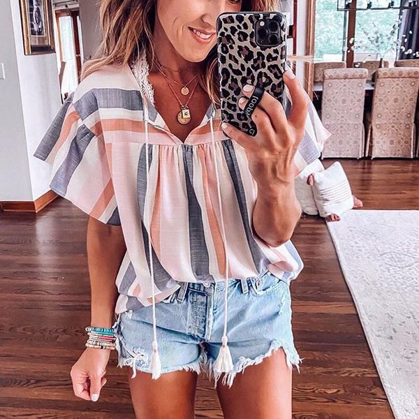 women's t-shirt t shirt elegant office female short summer fashion 2021 v neck striped stitching casual blouse for lady, White
women's t-shirt t shirt elegant office female short summer fashion 2021 v neck striped stitching casual blouse for lady, White