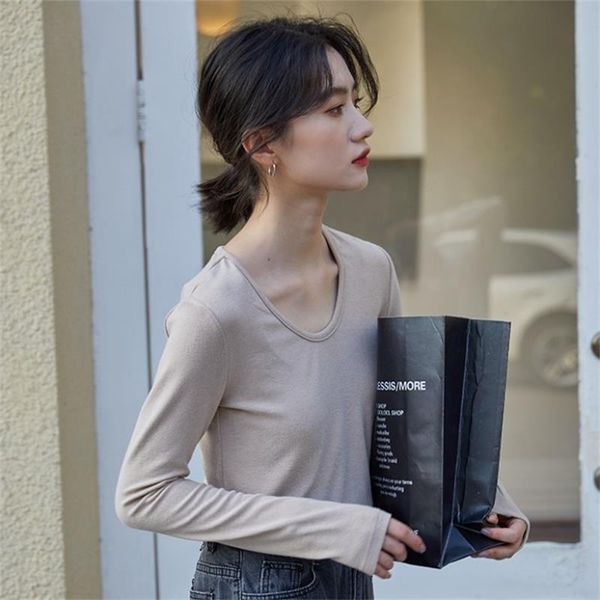 women's t-shirt 2021 autumn-winter ins korean vogue deep v-neck retro elestic bottoming casual female t shirt, White 
women's t-shirt 2021 autumn-winter ins korean vogue deep v-neck retro elestic bottoming casual female t shirt, White