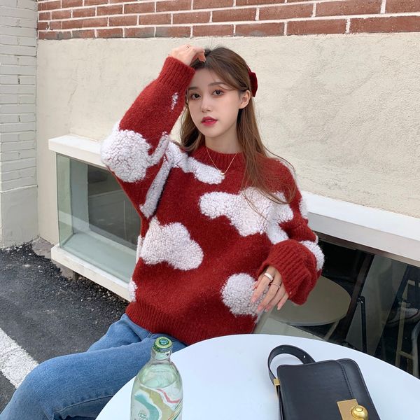 2021 new autumn and winter female cloud round neck pullover loose thick red knitted sweater cute college style ajrk, White;black
2021 new autumn and winter female cloud round neck pullover loose thick red knitted sweater cute college style ajrk, White;black