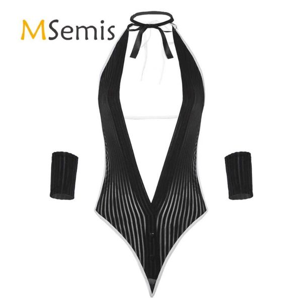 women lingerie see through bodysuit underwear with cuff adjustable neck ring halter lace-up deep v neck striped backless costume
women lingerie see through bodysuit underwear with cuff adjustable neck ring halter lace-up deep v neck striped backless costume