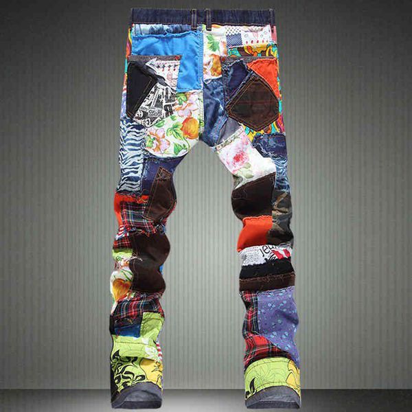 men's jeans patchwork spliced ripped denim jeans male fashion slim colored patch buttons fly straight pants tlnh, Blue
men's jeans patchwork spliced ripped denim jeans male fashion slim colored patch buttons fly straight pants tlnh, Blue